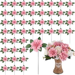 XunYee 50 Pack Artificial Wedding Dahlia Flowers Bulk Silk Dahlias with Stems and Green Leaves Fake Flora Decoration Faux Bouquets for DIY Bridal Shower Wedding Party(Dark Pink)