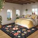 DUKINO 5x7 Area Rug, Floral Design, Lightweight Non Slip Washable, Indoor Low Pile & Non-Shedding Boho Rug for Bedroom, Living Room, Dining Room, Black