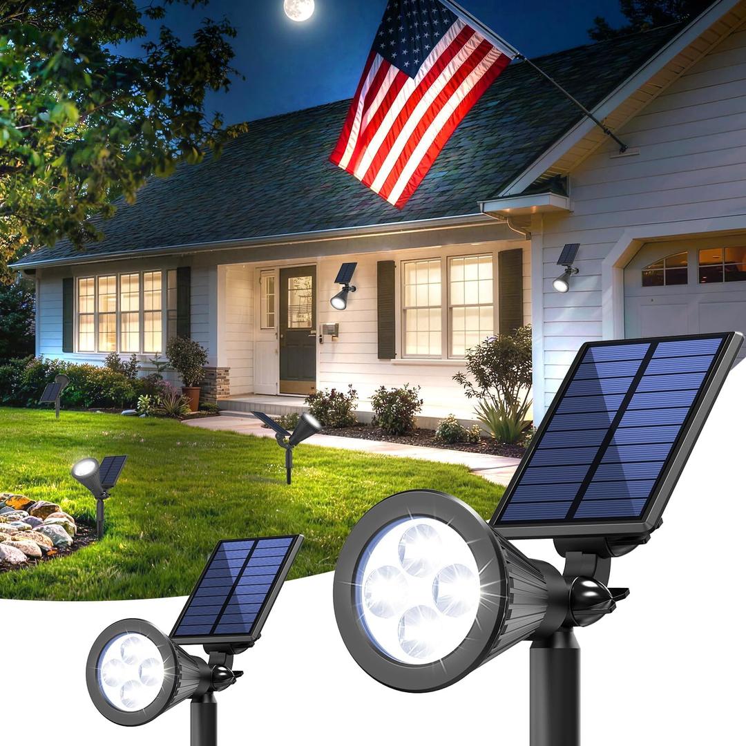 Solar Lights Outdoor Waterproof IP65,6500K Super Bright LED,2 Lighting Modes, Solar Powered Yard Garden Solar Spot Lights for Flag Landscape Auto On/Off-2 Pack (Cool White)