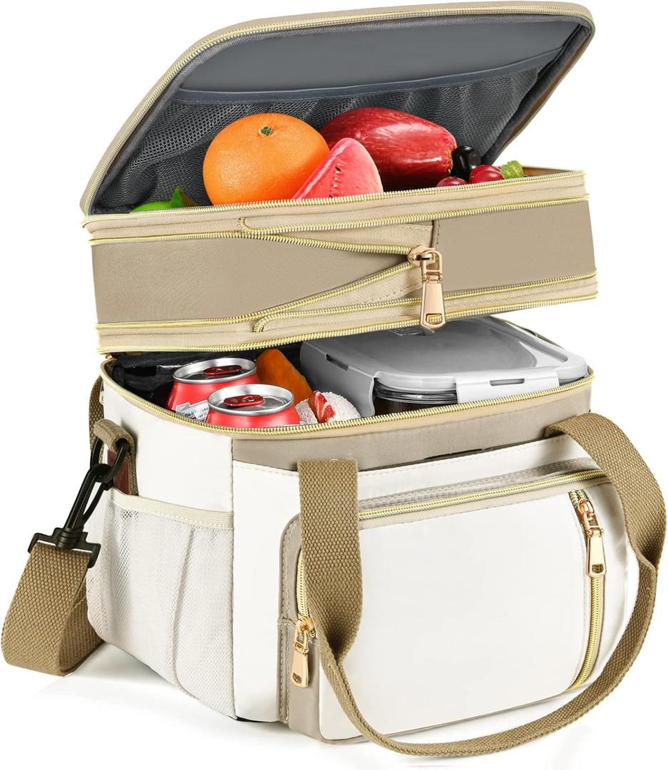 LOKASS Lunch Box for Women-Double Deck Insulated Adults Lunch Bag with Removable Shoulder Strap- Cute Wide Open Lunch Tote for Work/Office/Picnic/Beach/Travel (Brown)