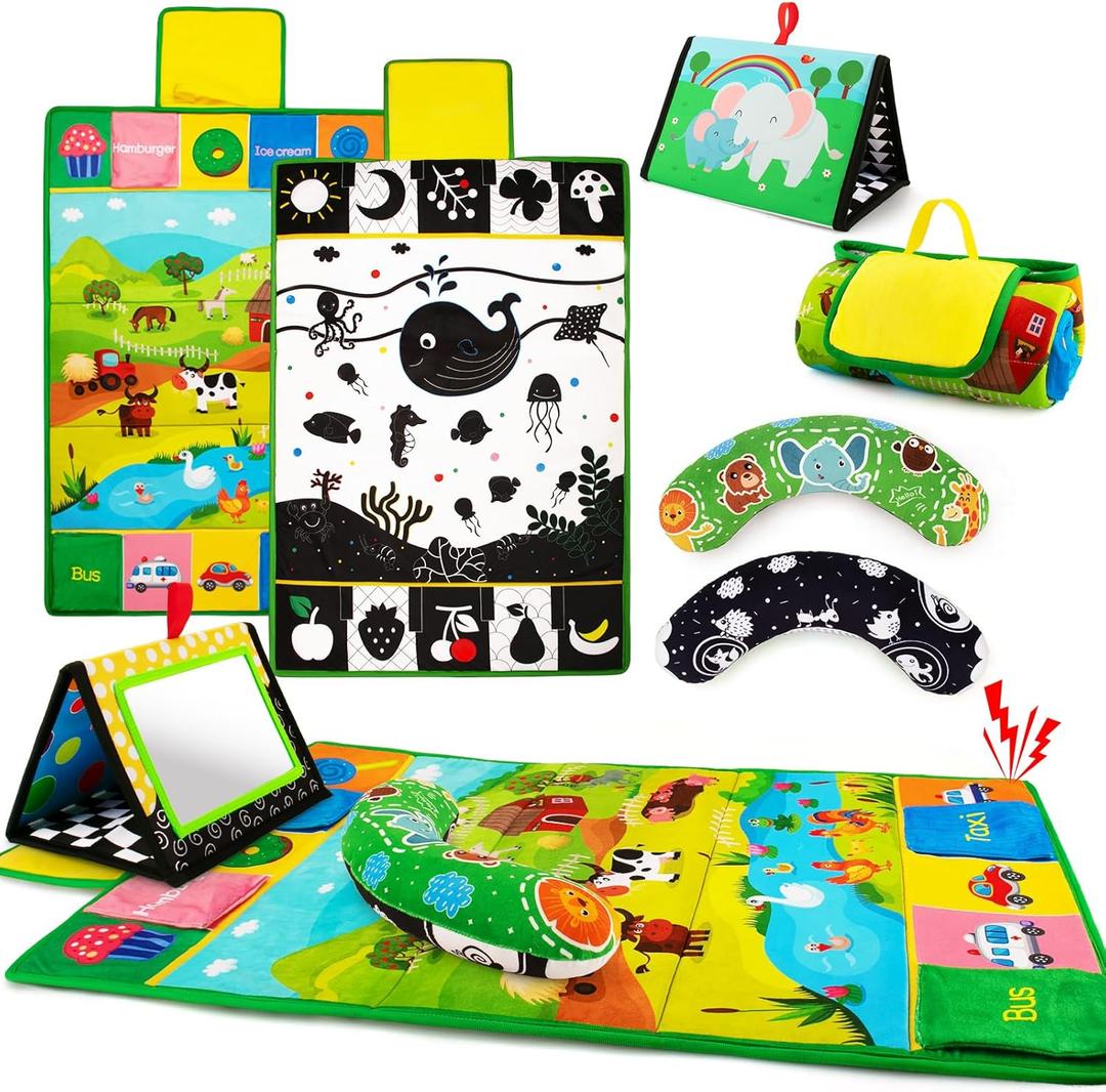 Tummy Time Mirror & Play Mat & Pillow 3-in-1, High Contrast Black and White Baby Toys, Activity Mat for Early Education, Newborn Infant Tummy Time Toy Set for 0 3 6 12 Month Crinkle/Squeake