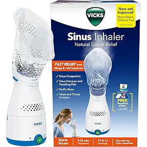 Vicks Sinus Inhaler, Plugin NonMedicated Steam Inhaler for Sinus Relief, Allergies, Congestion & Colds, Vocal Steamer, Soothes Nasal & Throat Passages, Works with VapoPads (1 Included)