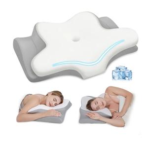 Cervical Neck Pillow, Memory Foam Pillows for Neck and Shoulder Pain Relief, 2 Heights Ergonomic Pillow with Breathable Ice Silk Cover, Neck Support Pillow for Stomach Sleepers White