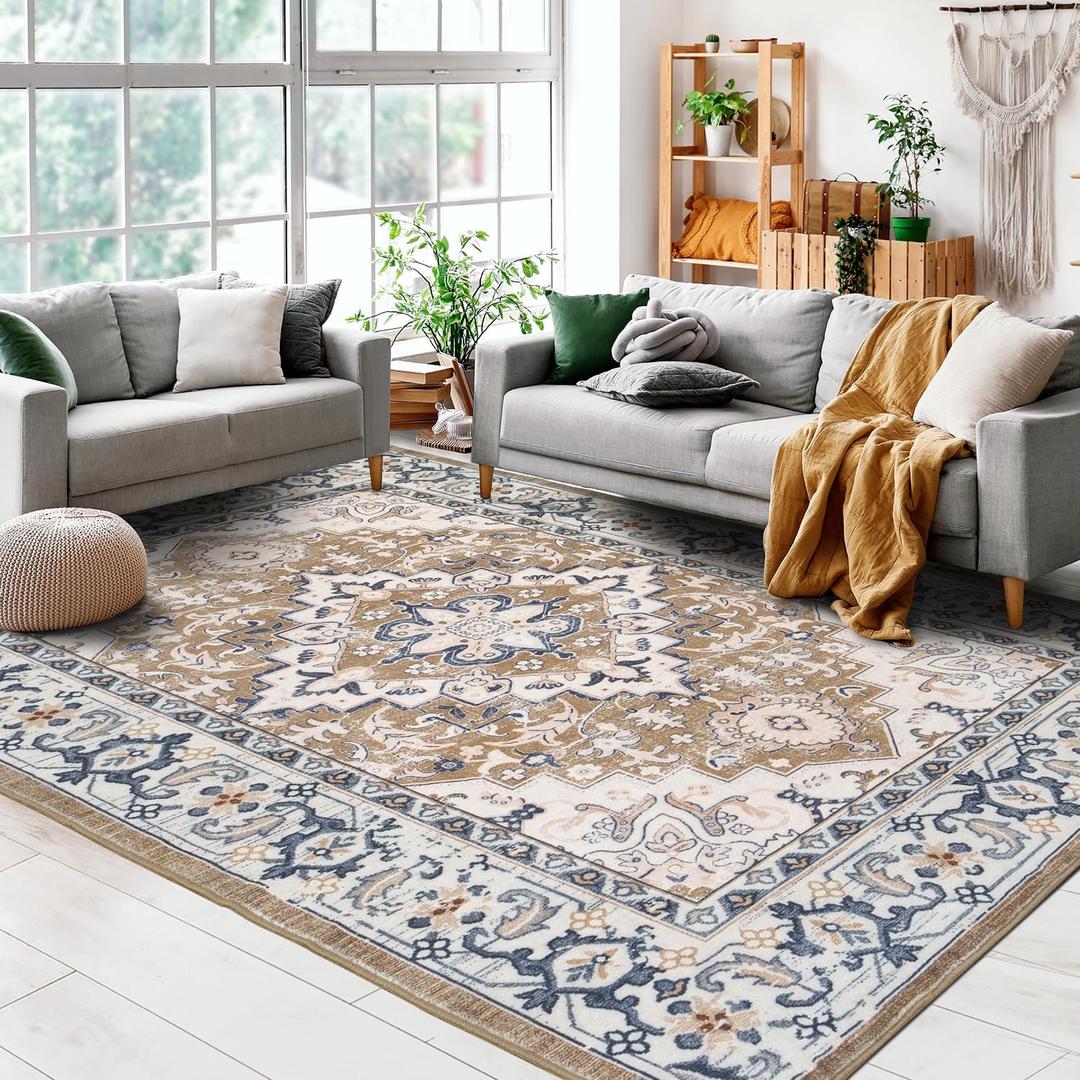 Lessymo 5'x7' Area Rug for Living Room - Machine Washable Area Rugs, Super Soft Faux-Wool Area Rugs for Bedroom Kitchen, Boho Area Rug Vintage Floral Non-Slip Low Pile, Brown