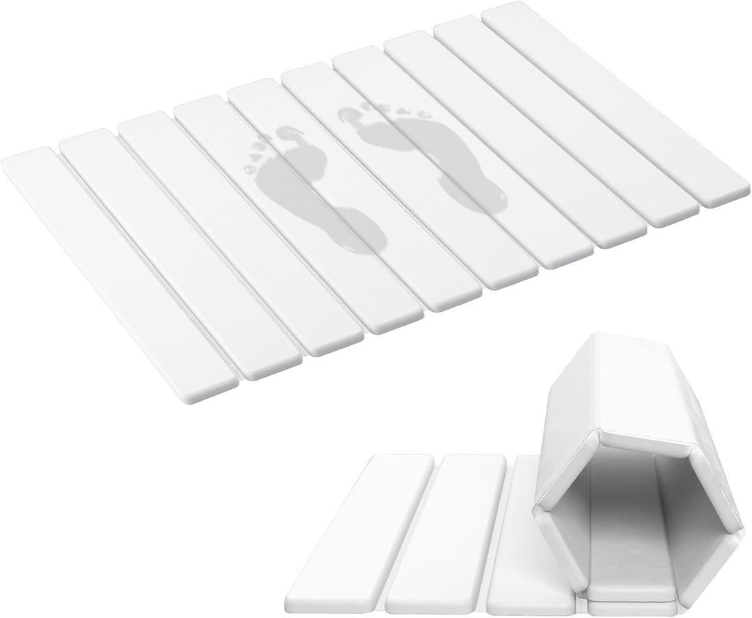 THMINS Foldable Large Stone Bath Mat 24x16 inch, Diatomaceous Earth Bath Mat, Super Absorbent, Quick-Drying, Non-Slip, Space-Saving, Easy to Clean for Bathroom/Kitchen (23.6x15.4'', Regularwhite 1 Pack)