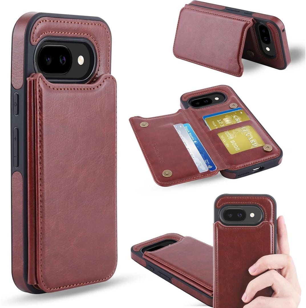 ASAPDOS for Google Pixel 9a Case with Card Holder,PU Leather Shockproof Flip Case with RFID Blocking Card Holder and Kickstand for Men Women Brown