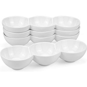 Yesland 3-Compartment Porcelain Appetizer Serving Tray - Set of 4 - White 10 Oz Triplet Bowl, Bowl Set, Perfect for Snacks, Dips, Condiments