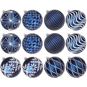 Lanpn 12 Pcs 4" Large Christmas Balls Ornaments, Outdoor Xmas Tree Hanging Decorations, Shatterproof Christmas Ball Ornament Set for Home Winter Holiday, Assorted Relief Pattern, Blue & White