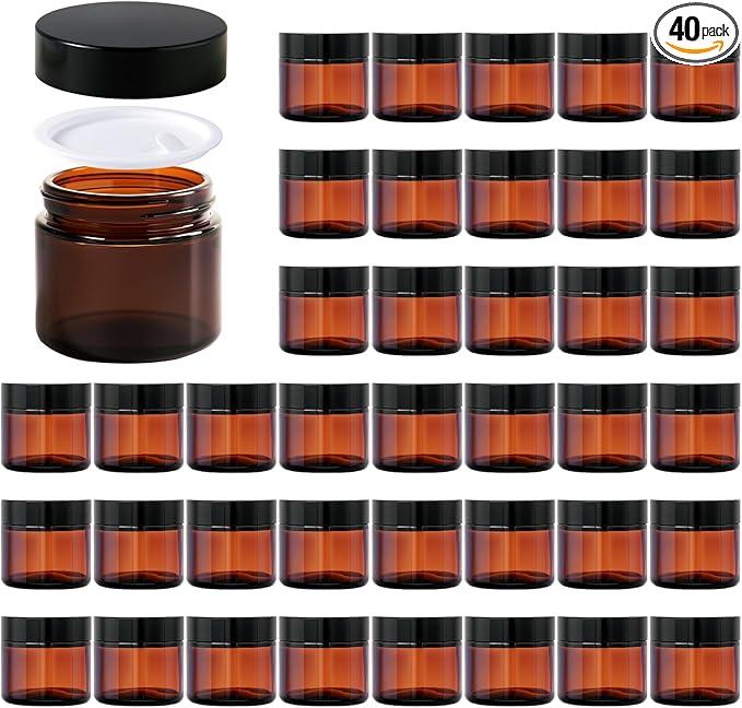 2oz Jars with Lids, HOA Kinh 40 Pack Amber Glass Jars with Lids Empty Cosmetic Containers Round Airtight Glass Jar with Black Lid for Storing Lotions Powders Ointments