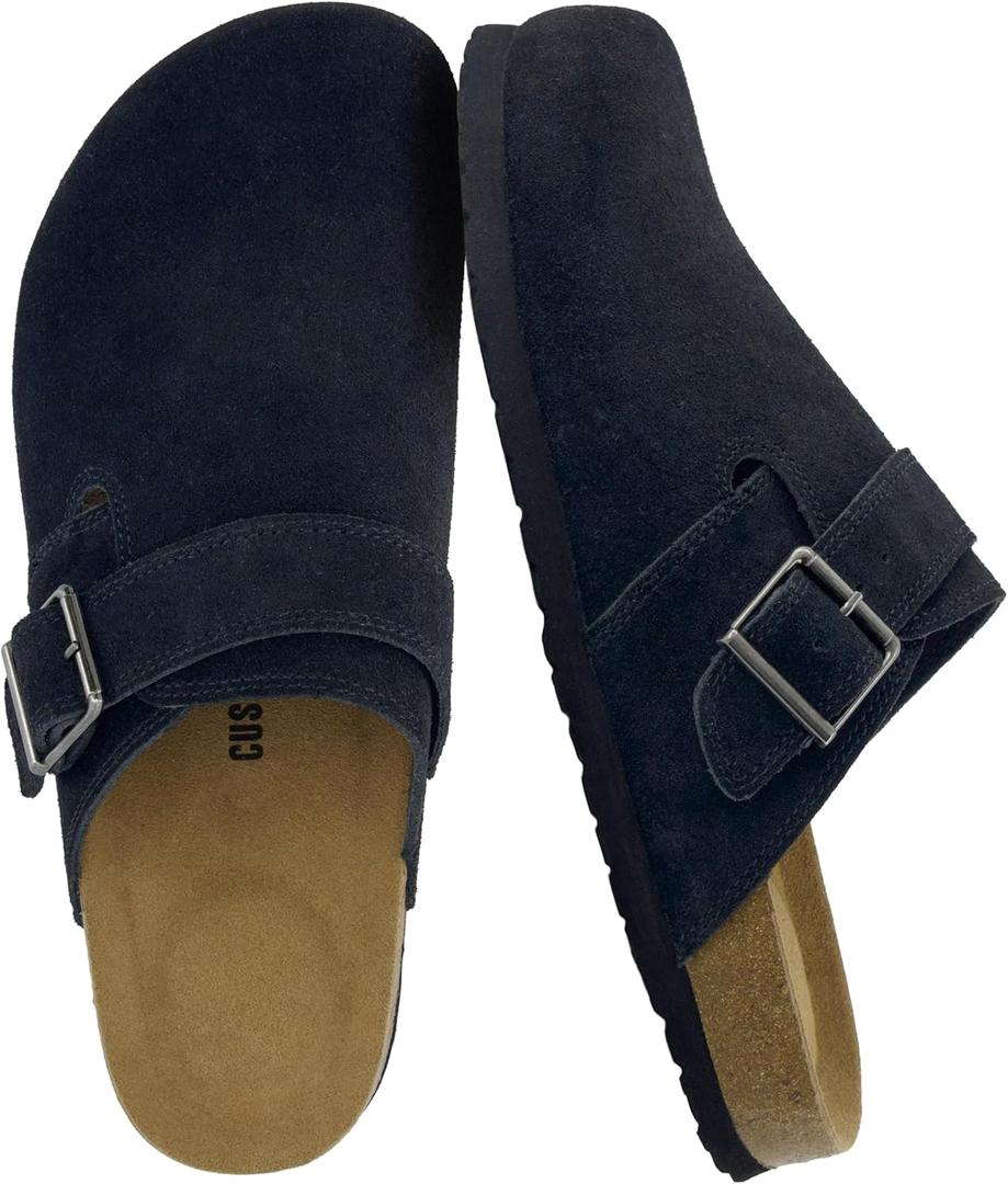 CUSHIONAIRE Hugo Genuine Leather Suede Clogs for Men Comfortable Slip On Shoes with Adjustable Buckle, Closed Toe Mens Slides (Black, 12M)