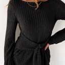 ANRABESS Womens 2025 Fall Dress Long Lantern Sleeve Ribbed Knit Casual Tie Waist Lightweight Mini Sweater Dress (Large, Black)