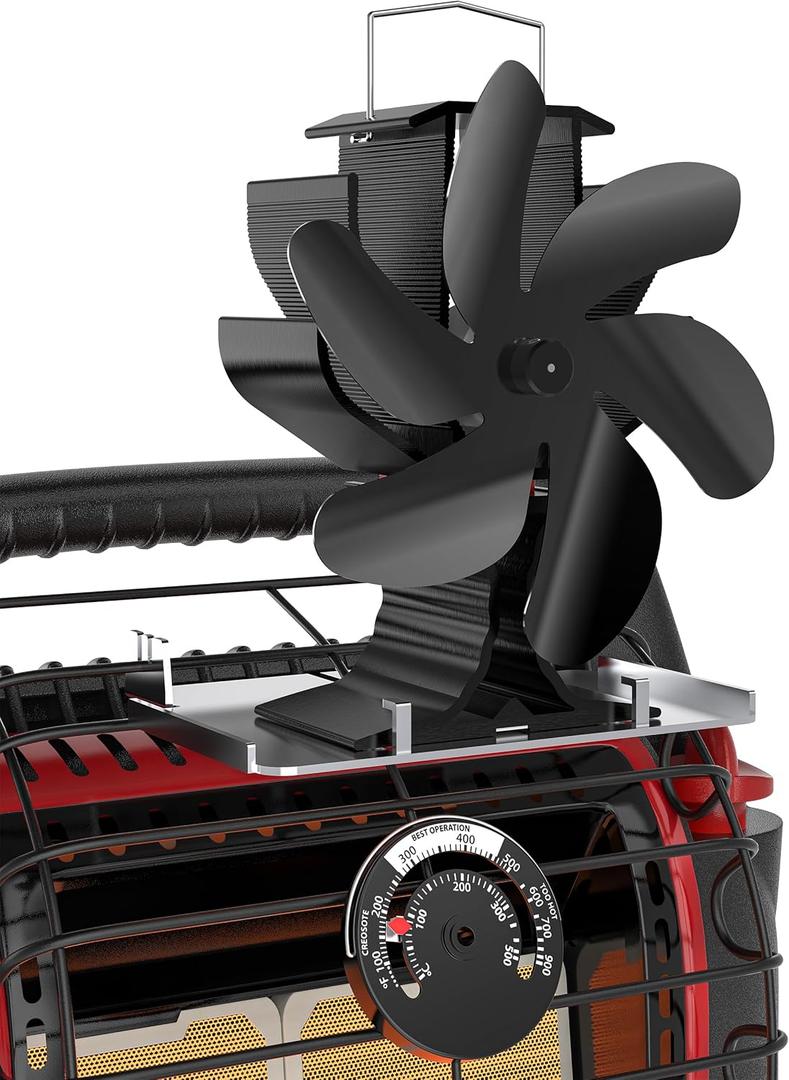 HIDALIFE Wood Stove Fan for Heater, Heat Powered Fireplace 6 Blades Fan with Bracket Compatible for Heater,Thermal Tent Heater Fan for Camping Propane Heater with Magnetic Thermometer