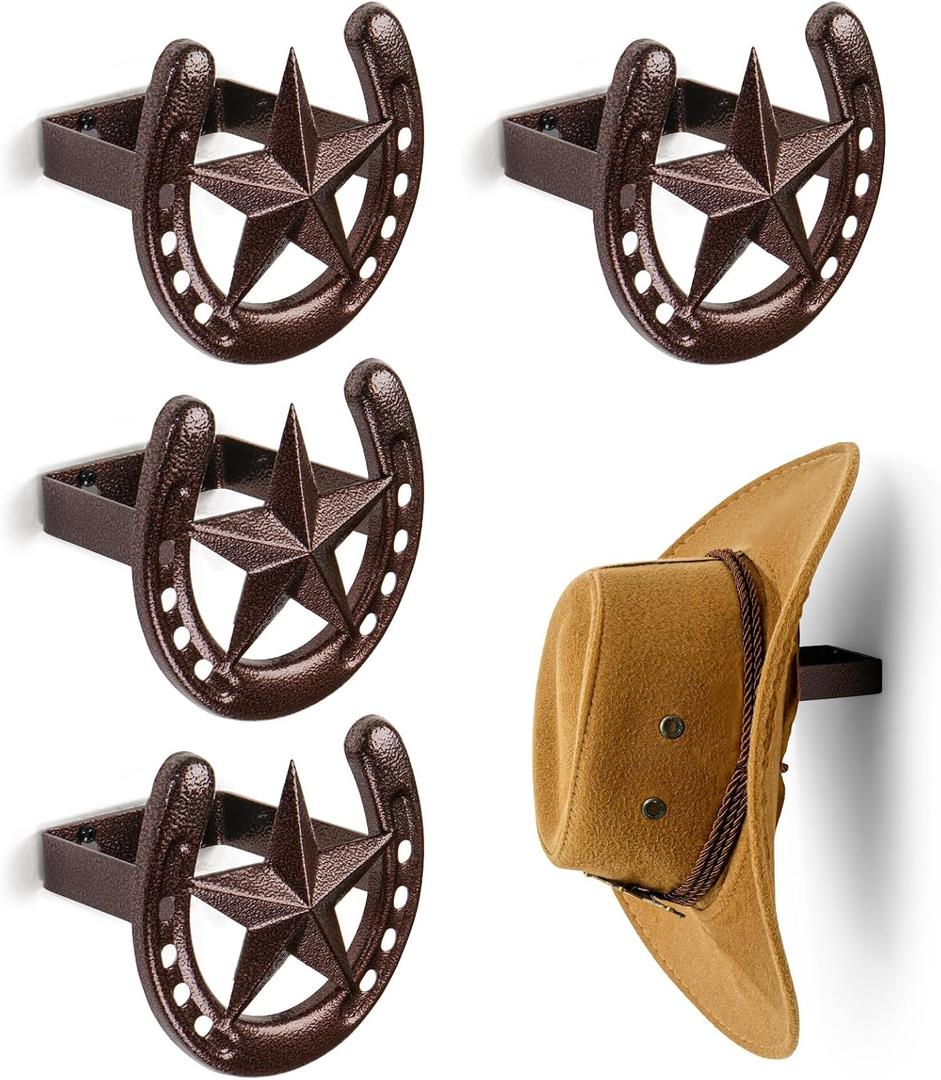 Cowboy Hat Hanger Wall Mount, 4 Pack Cowboy Hat Rack, Metal Horseshoe Hook, Horseshoe Decor, Western Hat Hook for Wall, Hat Holder for Entryway Closet, Bridle Hook for Tack Room, Horse Supplies
