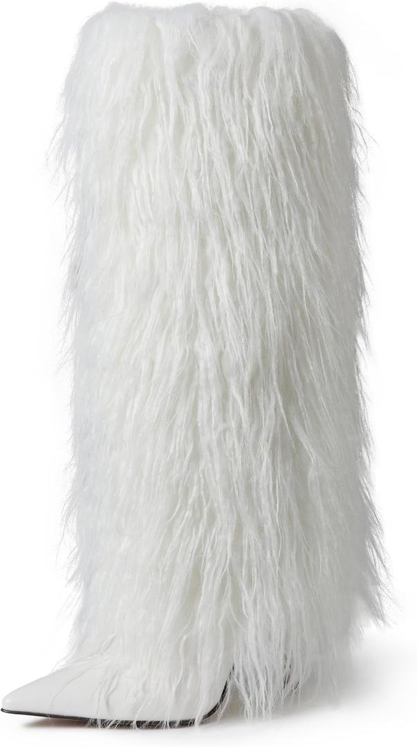 Womens Furry Boots Knee High Fold Over Tall Boot Wide Calf Pointed Toe Stiletto High Heel Fall Winter Boots for Women (7, White)