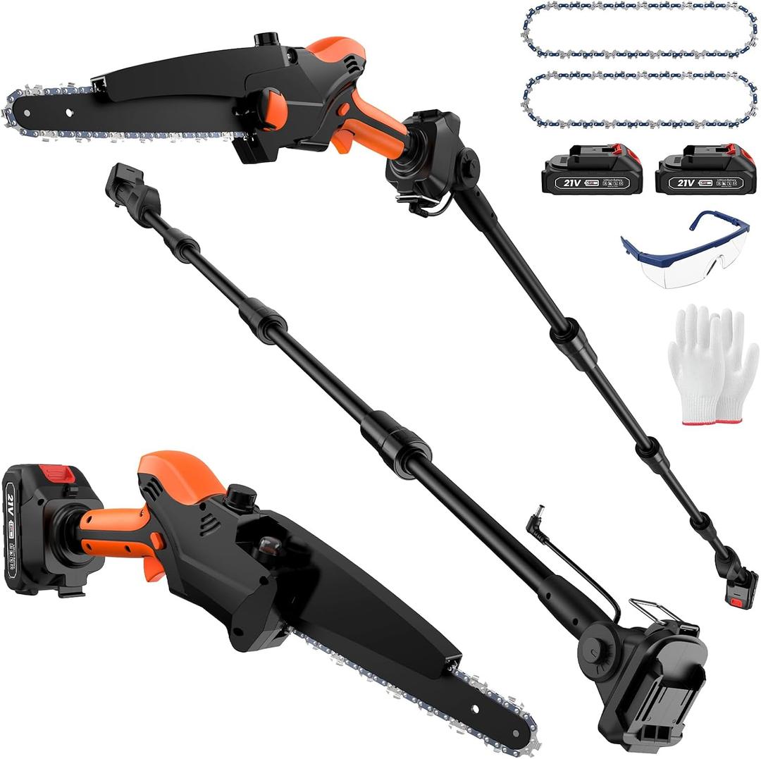 2-IN-1 Cordless Pole Saw & 8" Mini Chainsaw Battery Powered, Electric Pole Saws for Tree Trimming with Auto Oiling, 13.5FT Max Reach, Handheld Chainsaw & Pole Saw Combo with 2 x 21V Batteries