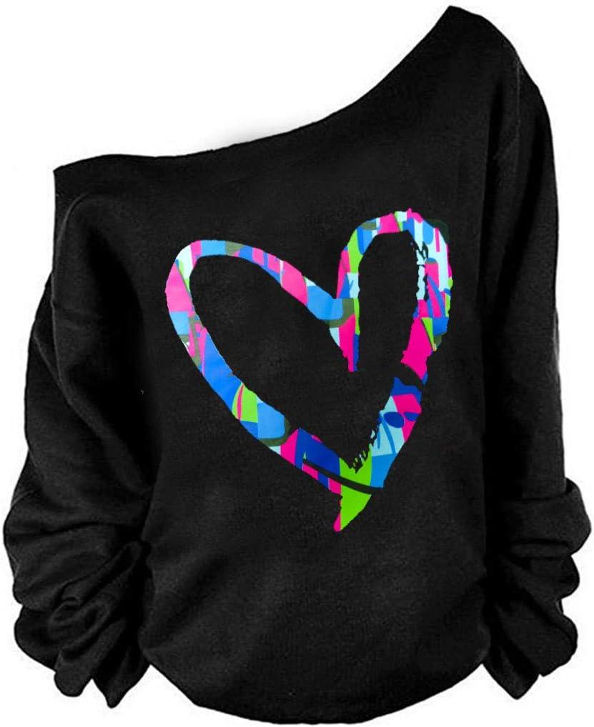 MAGICMK Womans Sweatershirt Lips Print Causal Blouse Off The Shoulder Long Sleeve Loose Slouchy Pullover Plus Size Tops (Large, Bmheart)