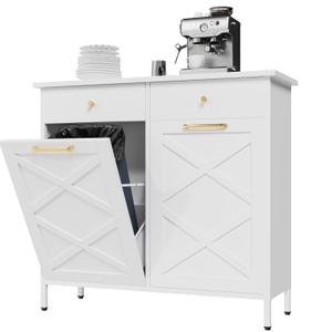JFHID Double Tilt Out Trash Can Cabinet, 20 Gallon Garbage Cabinet with 2 Drawers, Hidden Trashcan Garbage Recycling Cabinet, Dog Proof Trash Can for Kitchen and Living Room, White