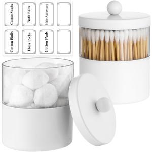 Gaussra White Apothecary Jars, White Qtip Holder - Stainless Steel Bathroom Jar with Stickers - Farmhouse Decor Qtip Dispenser for Qtips, Cotton Balls, Swabs, Makeup Sponges (2-Pack)