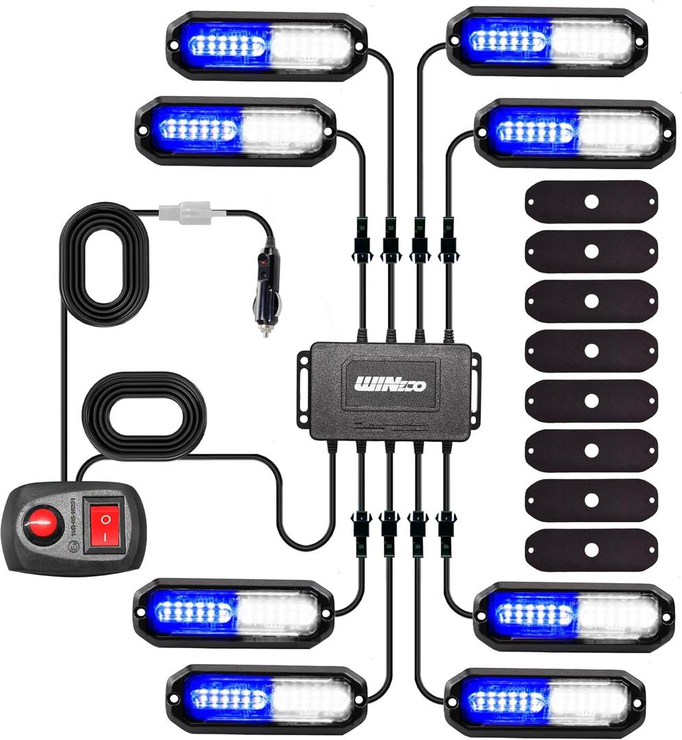 WINECO 8PCS LED Strobe Lights 12V Sync Feature Blue White 12LED Emergency Hazard Warning Lights with Strobe Controller for Trucks Vehicles ATV RV Cars Van