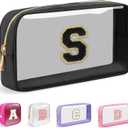 Small Clear Personalized Initial Makeup Bag,Nylon Preppy A-Z Chenille Letter Patch Cosmetic Pouch Beach Toiletry Bag,Waterproof Zipper Travel Purse Storage Bag Organizer for Women Girls (Black, S)