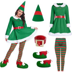 DARFULA Elf Costume for Women 5 Pcs Women Christmas Elf Costume Set Adult Christmas Cosplay Suit Xmas Outfits (Medium)