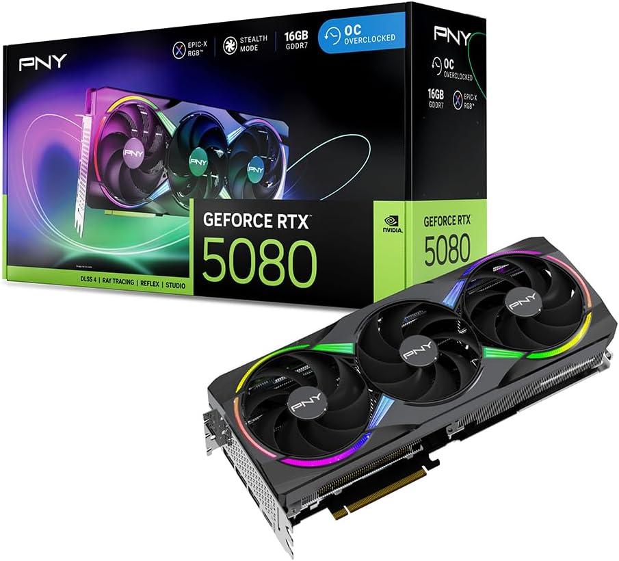 PNY NVIDIA GeForce RTX 5080 Epic-X ARGB OC Triple Fan, Graphics Card (16GB GDDR7, 256-bit, Boost Speed: 2775 MHz, PCIe 5.0, HDMI/DP 2.1, 2.99-Slot, NVIDIA Blackwell Architecture, DLSS 4)