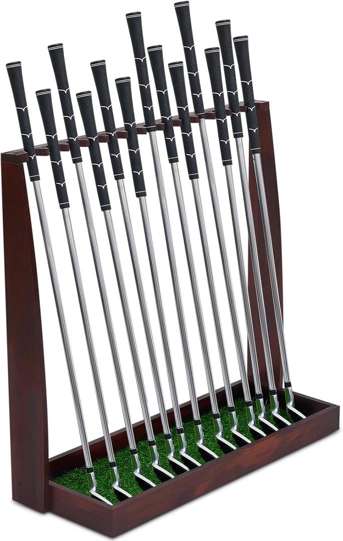 Lenwen Wooden Golf Putter Stand Golf Club Holder Stand Wooden Display Rack Floor Display Rack Club Organizer for Storage Sports Indoor Home Office Simulator Garage (Holds 13 Clubs, Brown)