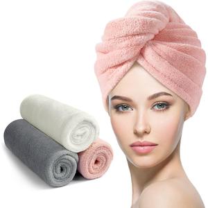 YFONG 3 Pack Microfiber Hair Towel Wrap for Women Girls, Super Absorbent Turban Towels for Drying Wet Hair, Anti Frizz Head Towels for Curly All Hair Style, Turbie Twist (Pink,White, Gray)