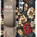 for Galaxy S24FE 5G Case,3 in 1 Oil Painting Flower Pattern Heavy Duty Shockproof Protection Silicone Rubber Bumper+Hard Plastic Protective Cover for Samsung S24FE 6.7",Black Flower