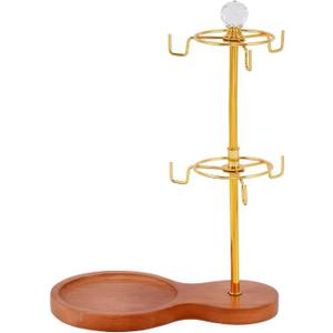 Coffee Mug Tree Holder Metal,Double Tier Mug TeaCups Holders Countertop with Tray,Coffee Mug Tea Cup Stand Storage Rack Tabletop Counter 6 Hooks(Crystal Ball) (Gold)