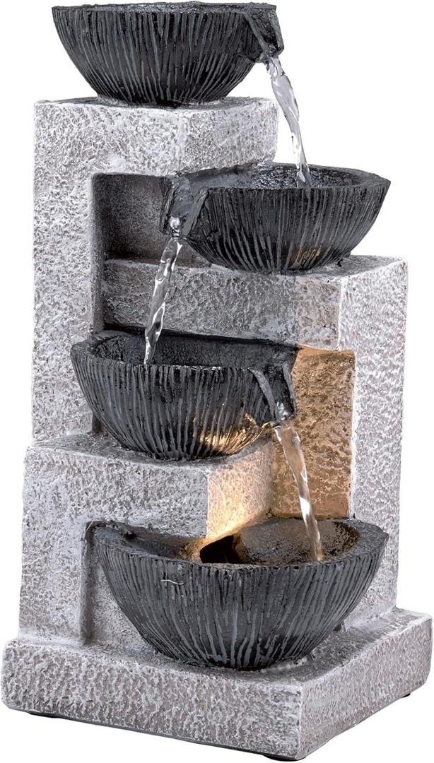 Alpine Corporation WIN1578 14" Cascading Tabletop Bowl Fountain with LED Lights  Elegant Water Fountain for Home, Office, Living Room, Bedroom, and Desk, Gray (Multi Tier Bowls)