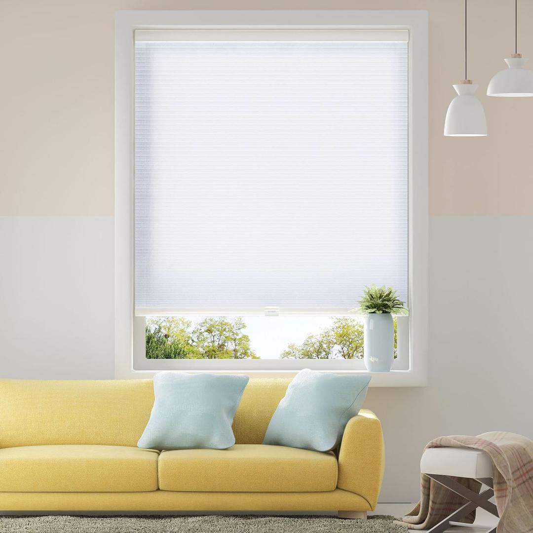 Honeycomb Cellular Shades Cordless Light Filtering for Windows Inside & Outside Mount, 29" W x 64" H, White, (Light Filtering)