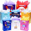 Nihuecne 8 Pack Birthday Gift Bags Assorted Sizes (2 Extra Large 15", 3 Large 13",3 Medium 9") with Ribbon Handle and Tissue Paper, Reusable and Perfect For Wrapping Present