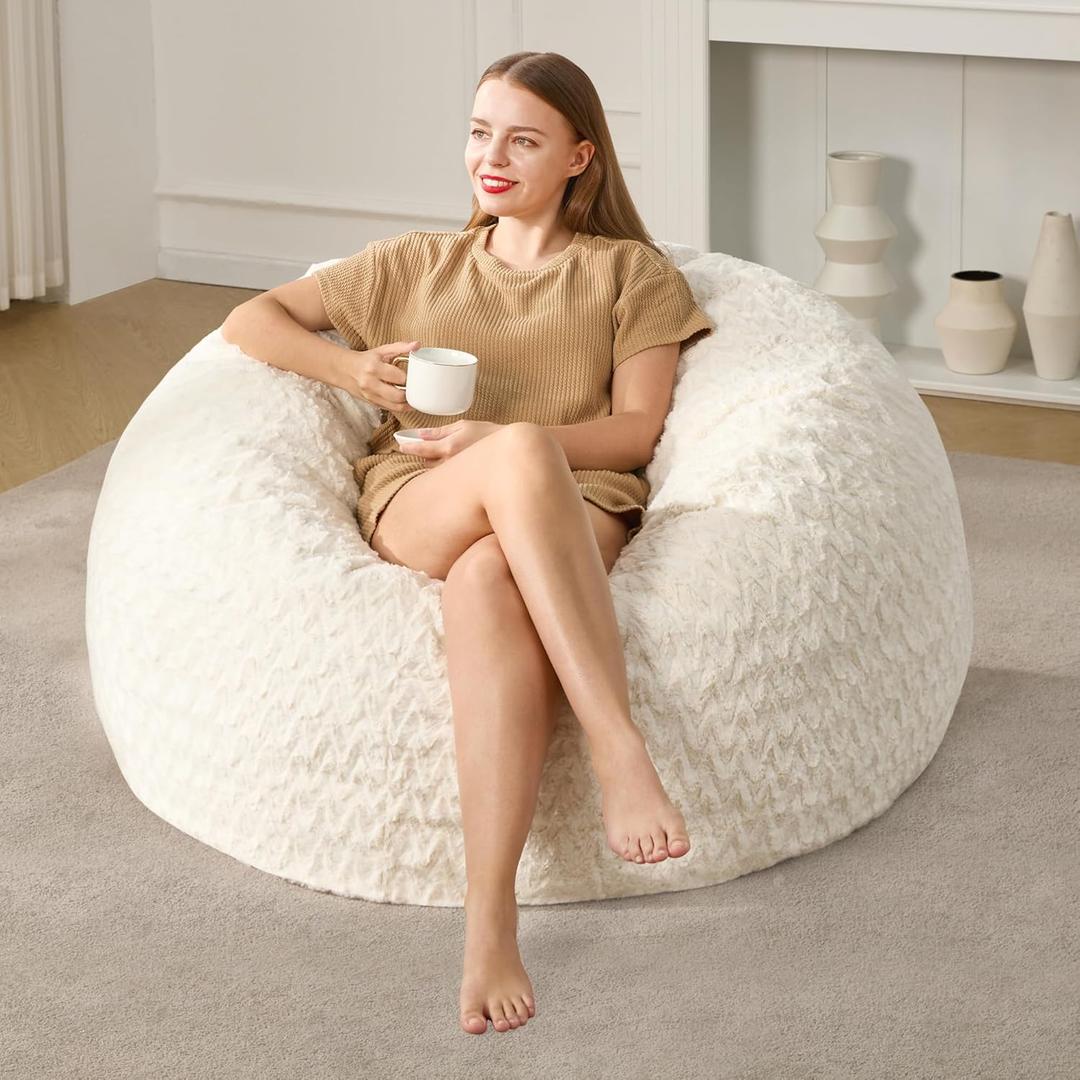 Hobestluk 3ft Bean Bag Chairs for Adults Large Beanbag Chair with Chevron Plush Fur Cover Big Bean Bag Chair for Living Room Bedroom Dorm Office - White (36 x 36 x 22)