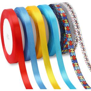 DECYOOL 6 Rolls 150 Yards Autism Awareness Ribbons, Autism Satin Wreath Ribbon Puzzle Burlap Ribbons for Gifts Wrapping Party Decor Craft Bow Charitable Making Supplies