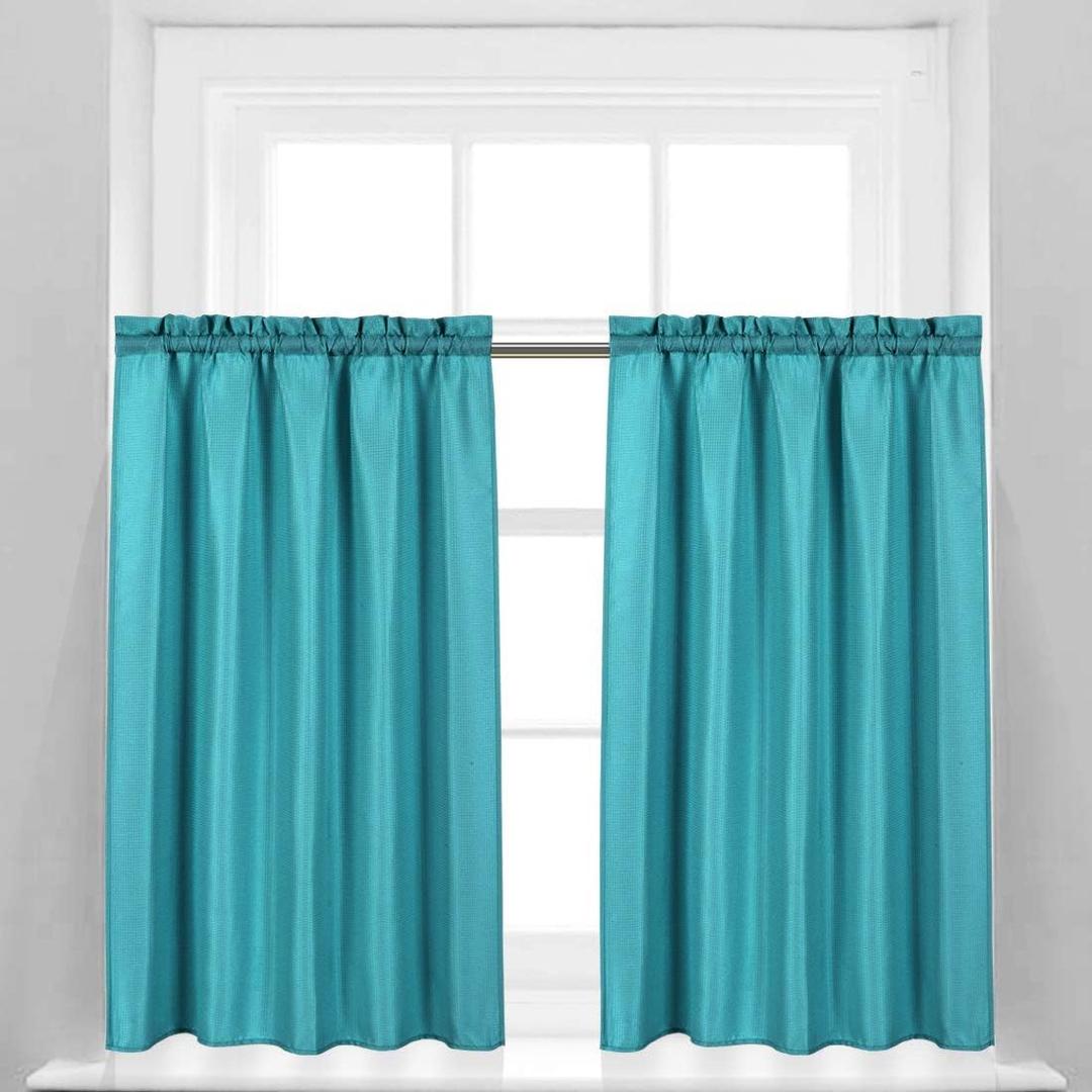 Valea Home Waffle Weave Textured Bathroom Window Curtains Water Repellent Short Curtains Window Covering Half Window Curtains Kitchen Tiers 45 inch Length, Turquoise, Set of 2