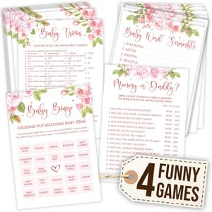 WOODAMORE Funny Baby Shower Games for Girl - Baby Shower Bingo Game Girl, Babies Showers Word Scramble, Floral Babies Showers Activities for 25 Guests, Trivia Mommy Or Daddy Game for Decor