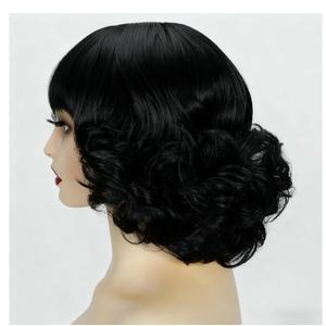 Black Short Bob Wig with Bangs for Women Synthetic Curly Natural Hair Wigs for Costume Cosplay Daily Use (Black)