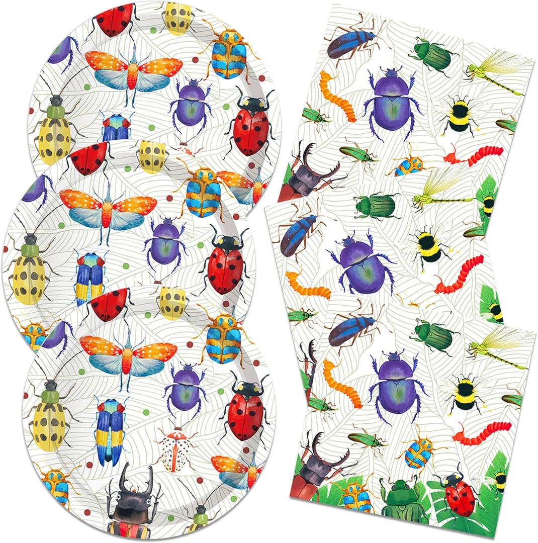 Bugs Party Plates and Napkins for 40 Guests 80 Pcs Ladybugs Bee Reptile Party Supplies Disposable Tableware Set Bow Plates and Napkins for Nature Insect Theme Birthday Baby Shower Party Supplies