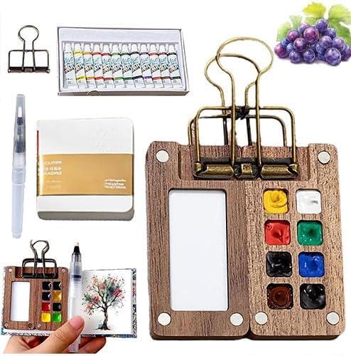 Mini Watercolor Travel Paint Set, Mini Paint Palette Travel Kit Set with Picture Book, Pocket Artist Water Color Travel Set with Colours, Binder Clips, Watercolor Pens, Wooden Paint Box for Painters Artists Students  (15 Grids)