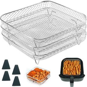 BYKITCHEN 8 inch Square Air Fryer Rack, 3pcs Stackable Stainless Steel Dehydrator Rack with Silicon Feet, Square Air Fryer Accessories for Cosori, Instant Vortex, Chefman Airfryer, Ninja Foodi Grill