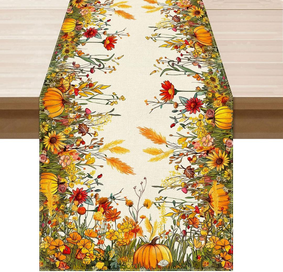 XCHI Fall Color Wild Flowers Pumpkin Table Runner Table Decoration for Kitchen Dining Dinner Autumn Home Decor 13x90 Inch