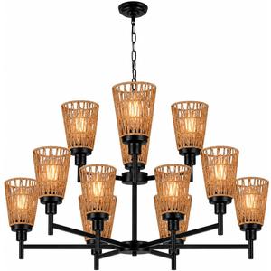 OVANUS 12-Light Rattan Chandelier, 2-Tier Boho Farmhouse Wicker Ceiling Fixture for Dining Room, Kitchen Island and Foyer, Black Brown