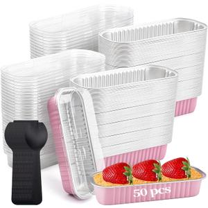 50 Pack Mini Loaf Pans with Lids and Spoons,Mini Cake Pans with Lids 6.8 oz, with Individually Wrapped SpoonsAluminum foil Baking Containe (Pink)