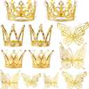 30 Mini Crown Cake Toppers - Small Gold Tiara with Butterfly Decoration for Wedding, Baby Shower, Birthday Party