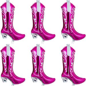 Wettarn 6 Pcs Cowboy Boot Balloons Bulk 25.6 Inch Large Cowgirl Rodeo Western Foil Jumbo Balloons Decor for Bachelorette, Birthday, Boots on The Ground, Disco Party Supplies(Pink)