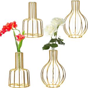 Dicunoy 4 Pack Gold Flower Vases, Small Plastic Test Tube Vase with Metal Frame Stand, Small Bud Vase for Pampas, Wedding, Table Centerpieces, Living Room, Plant Terrariums for Propagating Hydroponic
