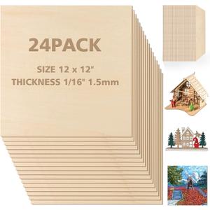 Adrattnay Basswood Sheets 1/16 x 12 x 12 inch - 1.5mm Basswood Sheets Plywood Sheets, 24Pcs Square Unfinished Wood Board for DIY Crafts, Laser Cutting, Wood Burning, Painting, Model Carving