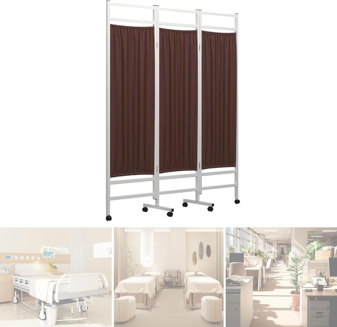 Medical Privacy Screen on Wheels, Foldable Medical Room Divider with Lockable casters, Waterproof Nylon Panel, Portable Privacy Screen for Room, Easy to Clean (Coffee 3 Panels)