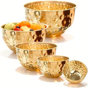 5-Piece Stainless Steel Mixing Bowls Set, Metal Hammered Gold Mixing Bowls for Kitchen, Cooking, Baking, Salad Prep, Food Storage, Reusable Nesting Design, 1.6-4.9 QT Capacity, Dishwasher Safe
